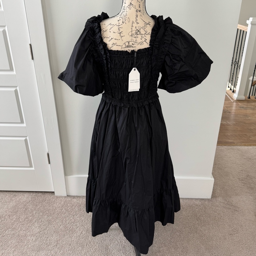 NWT English Factory Puff Sleeve Square Neck Smocked Midi Dress Black Size L - Picture 7 of 15